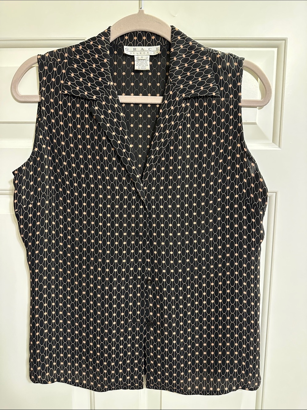 Grace Black Sleeveless Collared 100% Silk Top with Tan Oval Print